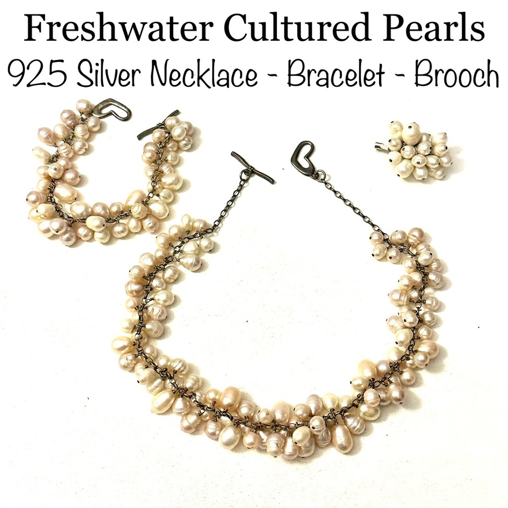 Pearl Cluster Set Necklace Bracelet 925 Silver Jewelry Freshwater Cultured Pin